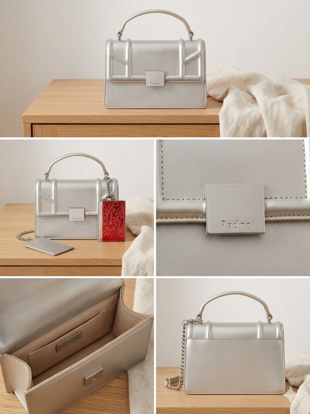 Metallic Silver Mini Top-Handle Bag with Cardholder